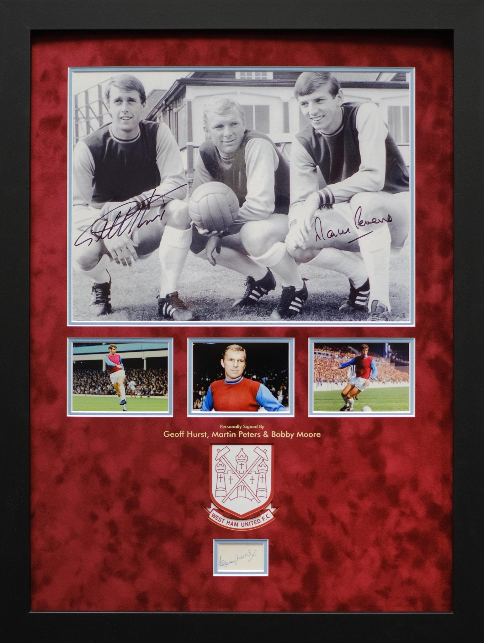Bobby Moore, Martin Peters and Geoff Hurst Signed West Ham Photo and Autograph Display - Memorabilia Framers Shop